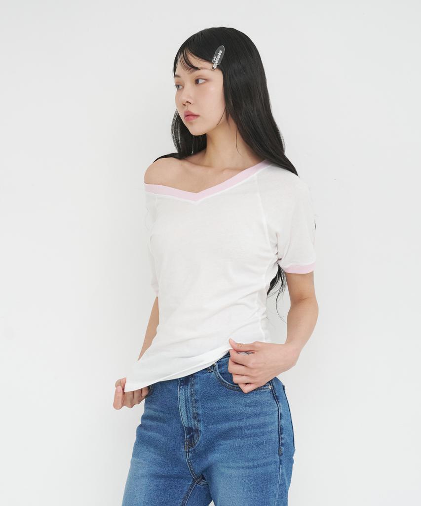 LOTSYOU Lotsyou_V Neck Ringer T-Shirts Light Pink