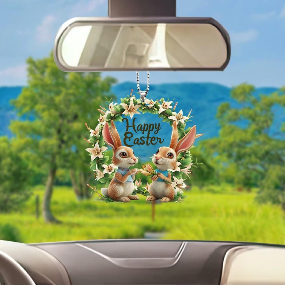 Easter Acrylic Whimsical Bunny With Colorful Eggs Decorative Car Ornament Hanging