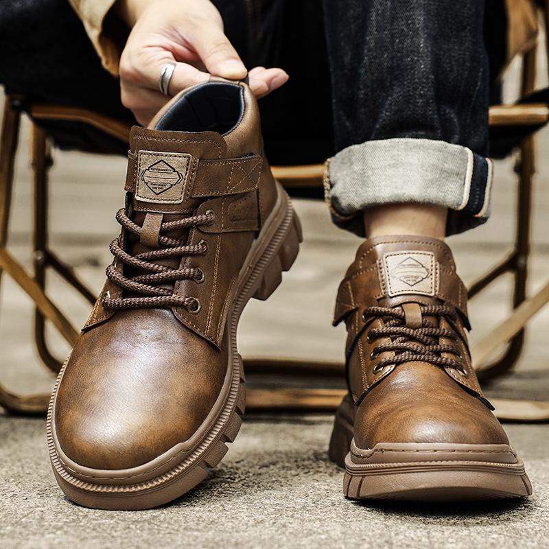 Britisk Stil Herre Fritidssko i Lær Business Herresko Snøring Høye Basic Støvler Merkevare Mann Vinter Motorsykkelstøvler