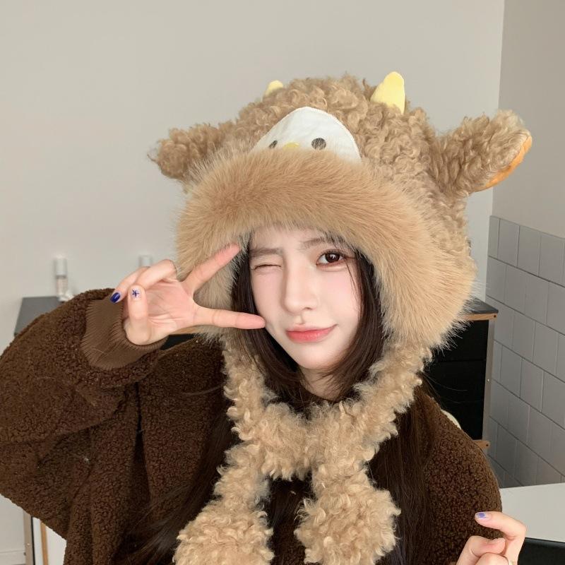 Cute Little Sheep Plush Hat Women'S Autumn And Winter Cold And Warm Thickened Ear Protection Lei Feng Hat Sweet Cycling Antifreeze