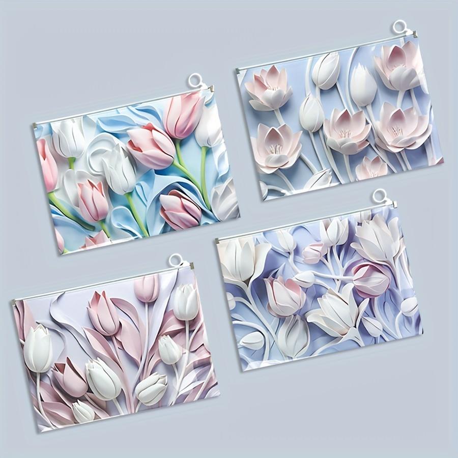 4pcs A4 Tulip 3D Document Bags - Durable PP Office File Organizer, Exam & Study Pouch,School Report Storage,Spring Festival gift