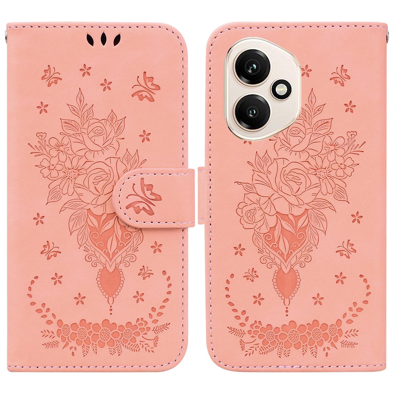 

For Honor 400 5G (Global) Case Butterfly Flower Imprint PU Leather Wallet Phone Cover with Strap Pink