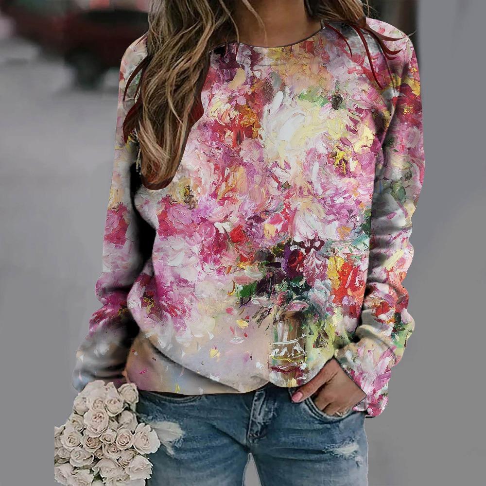 New Loose Casual 3D Floral Print Pattern Women's Round Neck Long Sleeved T-shirt
