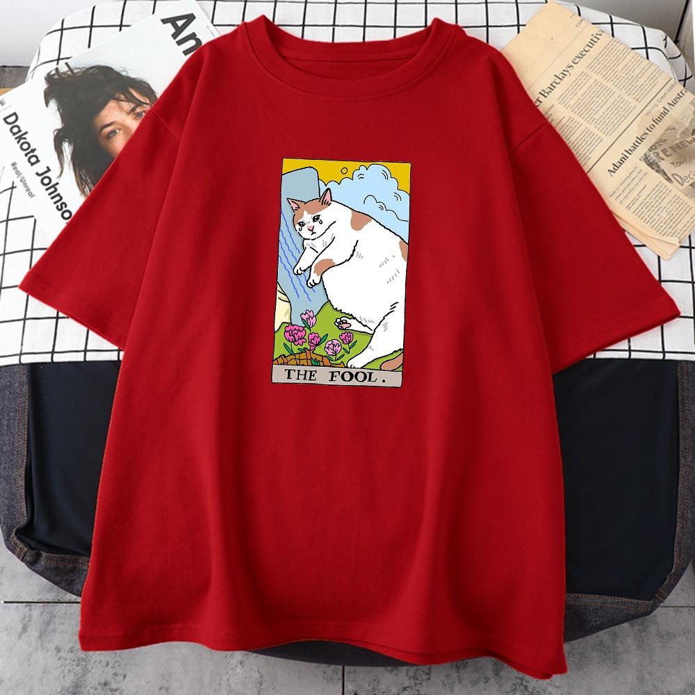 Fool Sad Cat Expression Pack Print Women's T-shirt Clothing Retro Personality Street Top Full Math Short Sleeve T-shirt Women
