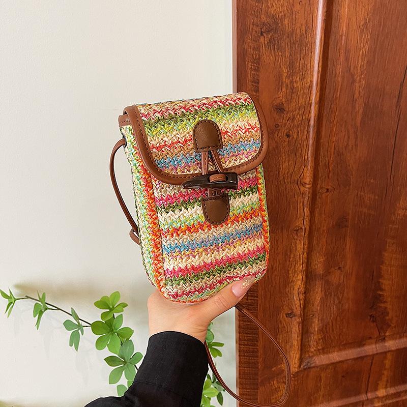 

Летняя радужная полосатая плетеная соломенная сумка женская 2025 новая универсальная сумка-мессенджер изысканная мини-сумка для мобильного телефона