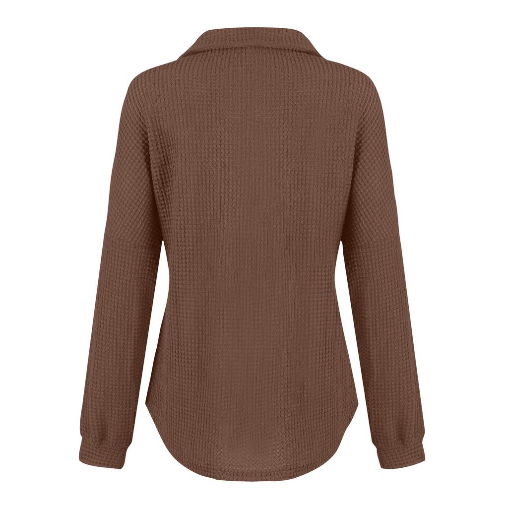 Damska modna jednokolorowa dzianinowa bluzka z długim rękawem i dekoltem w serek, jednokolorowa swobodna tunika