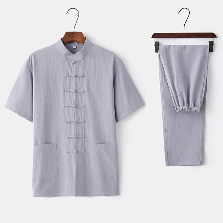 Tang-Anzug aus Baumwolle und Leinen für Herren: Kurzärmlig, Froschverschluss, Chinesischer Stil, Perfekt für Sommer und ältere Männer.