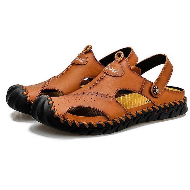 

Men Genuine Leather Sports Sandals Male Handmade Dual Use Slide Sandals Father Youth Boy Outdoor Holiday Seaside Beach Sandals 38 коричневый