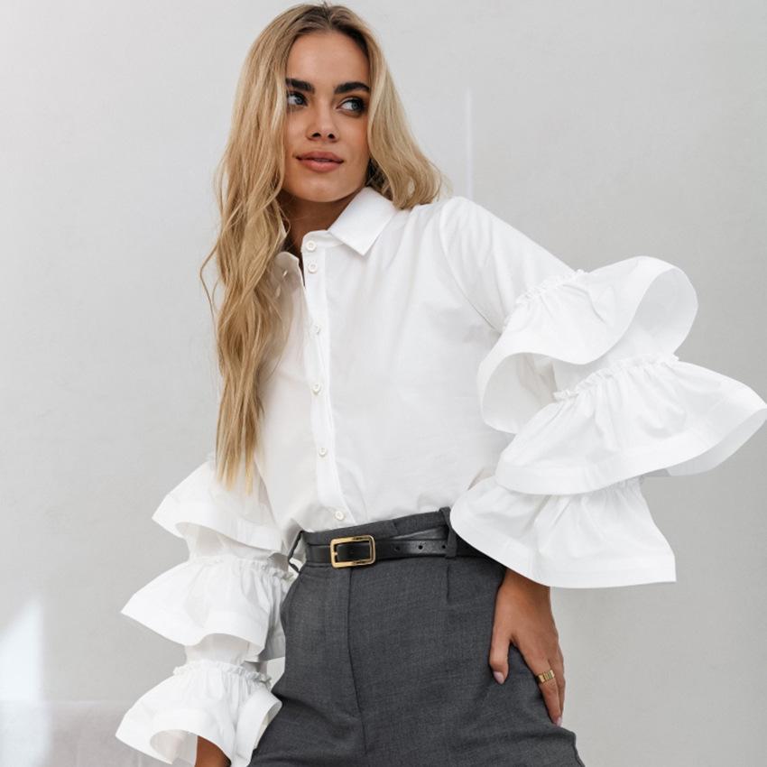 New 2026 Autumn Fashion: European & American Ruffle Long Sleeve Ladies  Shirt S