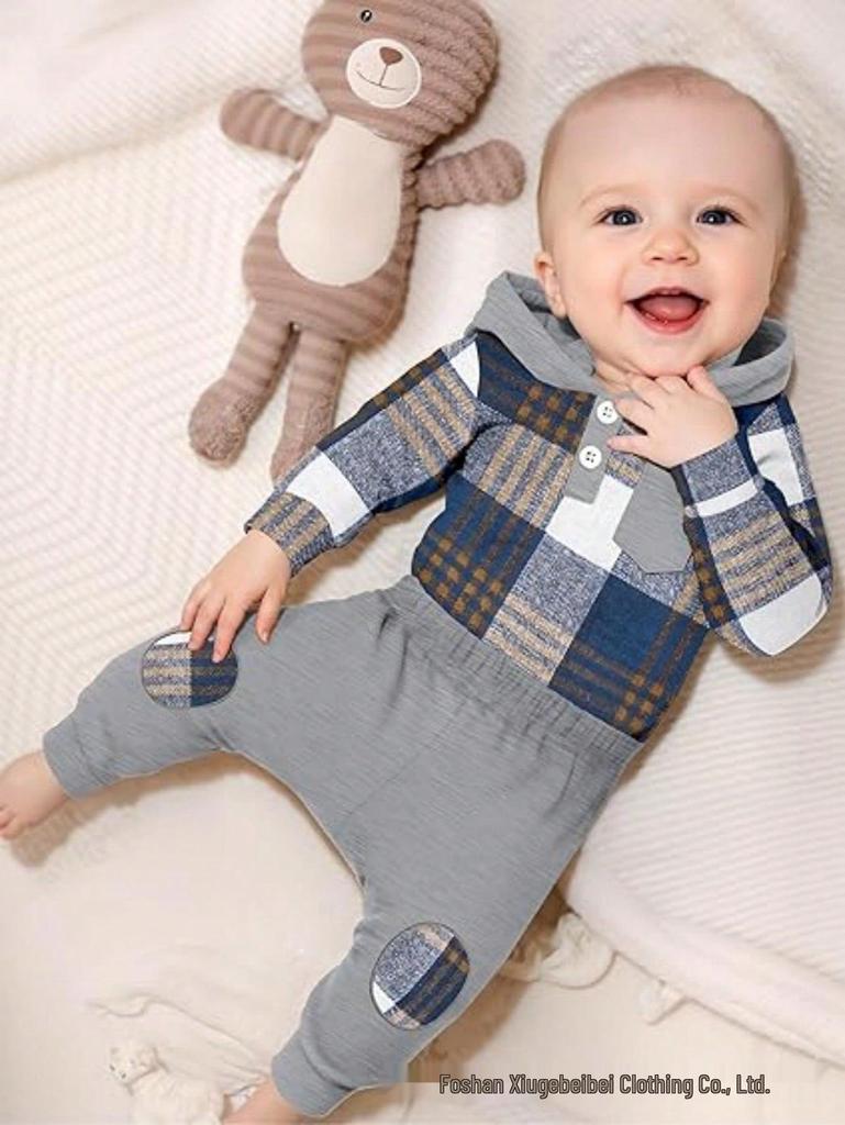 Plaid Hooded Romper & Long Pants Set for Newborns - Autumn/Winter