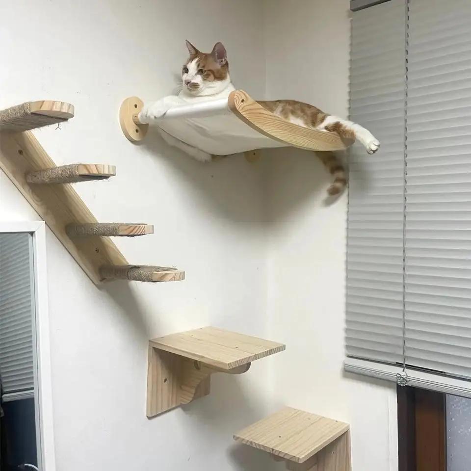 Cat Wall Hiding House Hammock Climbing Shelves Moon Perches Bed Ladder Solid Wood Steps For Activity Indoor Cats Wall Furniture
