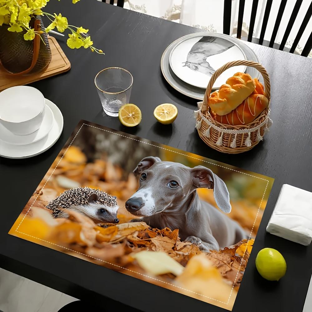 4pcs Set, Greyhound and Hedgehog Pattern Placemats, Fashionable Printed Table Mats, Suitable for Dining Tables, Kitchens, Parties, Indoor Use, Holiday