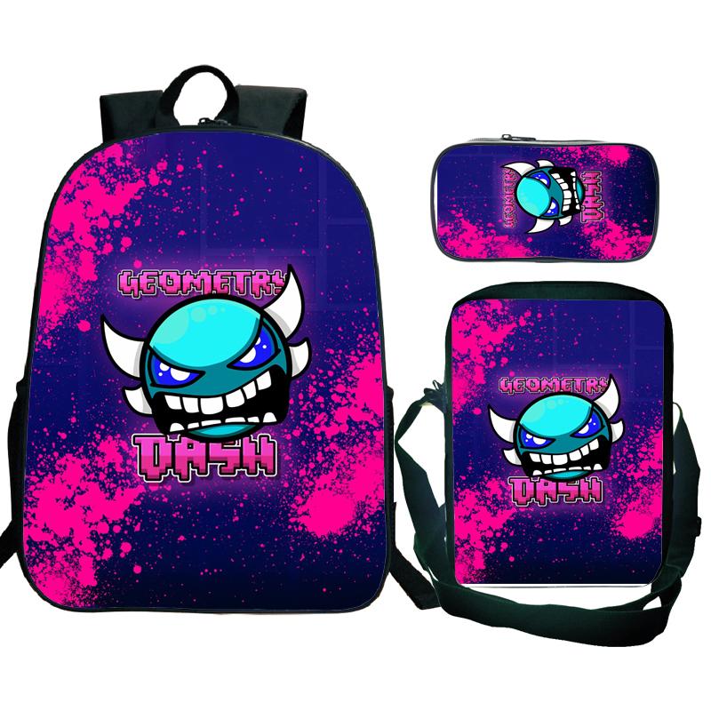 Angry Geometry Dash Backpack 3pcs School Bag Waterproof Student Girls Boys Children Mochila with Pen Bag