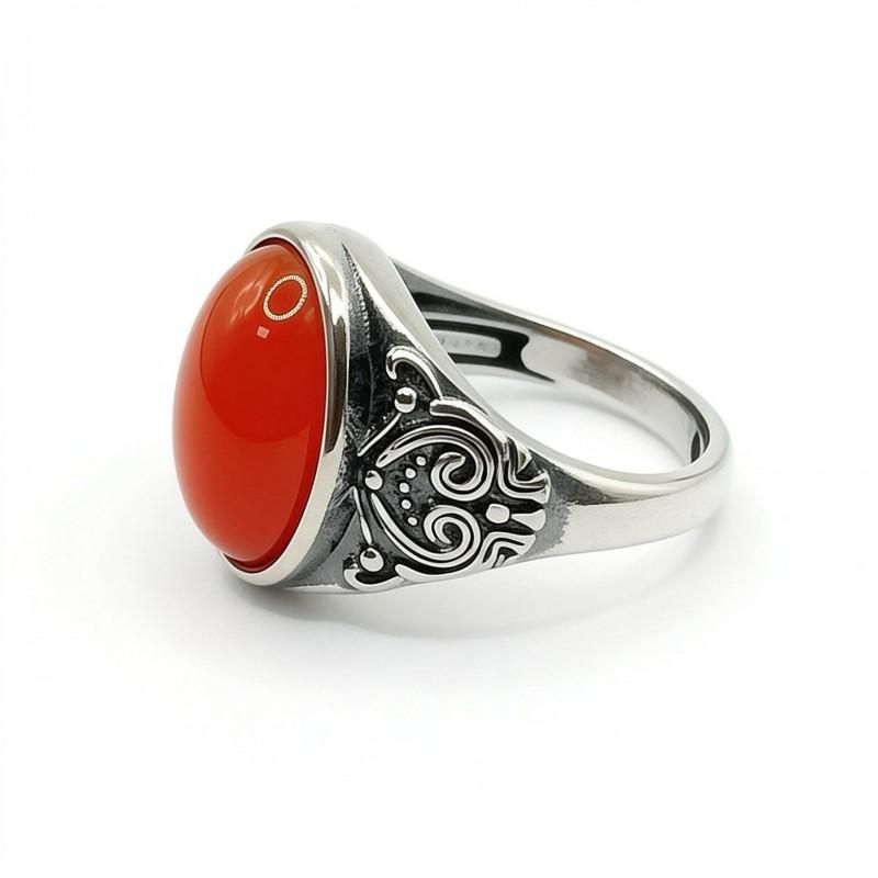 Adjustable Open Ring Women Men Copper Vintage Style Heart Oval Geometric Red Agate Statement Jewelry