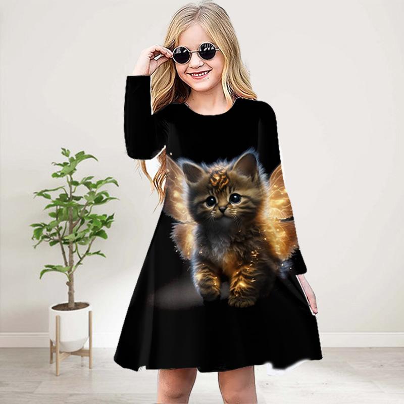 

Повседневное платье для девочек с 3D-принтом и круглым вырезом, с длинными рукавами, с рисунком в виде оранжевого кота, детское платье принцессы 120 жёлтый