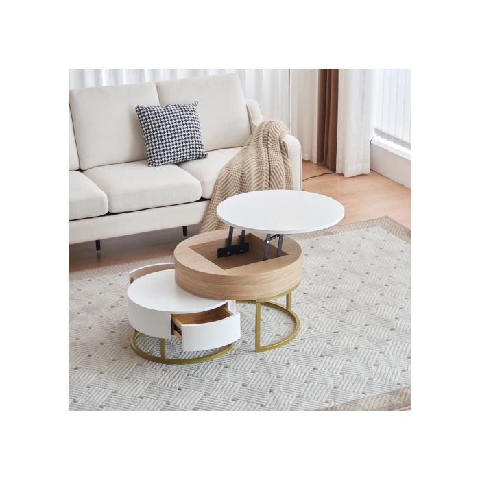 Goldener Satztisch, Kombination aus höhenverstellbaren Couchtischen, Beistelltisch mit zwei Schubladen. 2-teiliges Set