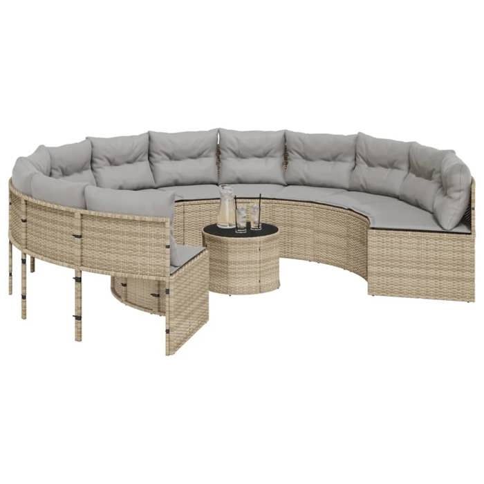 VidaXL Canapé de jardin avec table coussins rond beige résine tressée, canapé d’extérieur, canapé de forme ronde, canapé de 3318546