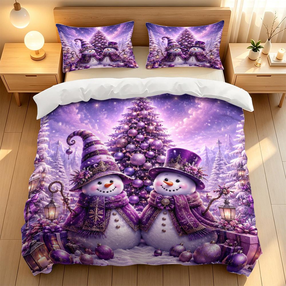 Ensemble de housse de couette Bonhomme de neige de Noël Violet 3 Pièces Literie avec 2 Taies d'oreiller Doux Respirant Décor de Chambre pour les Fêtes d'Hiver 90Cmx190Cm