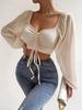 Women's Summer Long Sleeved T-shirt with Drawstring Exposed Navel Top Women's Casual Round Neck Top