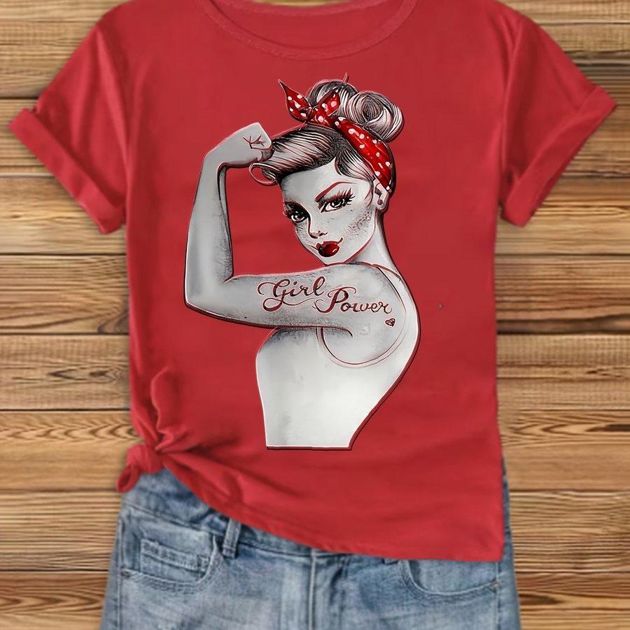 Wo's Rosie the Riveter 'We Can Do It!' Vintage T-Shirt - Iconic Pin-Up Design with Red Bandana & Polka Bow, Stretch Short Sleeve