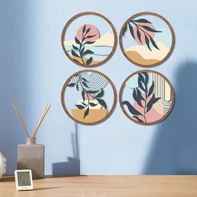 4 Pièces Art Mural Bohème Rond Coucher de Soleil Bohémien Minimaliste en Bois Affiche pour Ferme Plante Abstraite Décor Suspendu Mural Découpé pour Salon Chambre à Coucher