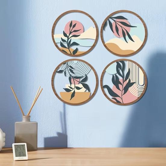 4 Pcs Boho Wall Art Round Bohemian Sunset Wooden Minimalist Poster for Farmhouse Abstract Plant Hollow Out Wall Hanging Decor for Living Room Bedroom
