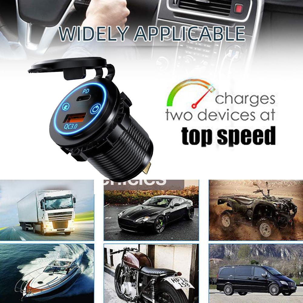 IP65 Waterproof 12-24V Car Charger Socket, PD QC3.0 Dual USB Type C Fast Charging Power Outlet with ON/OFF Switch for Motorcycle, Truck, RV, ATV, Boat