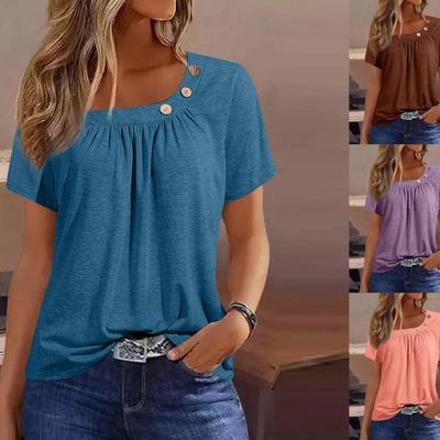 Hauts d'été pour femmes, décontractés, col asymétrique, manches courtes, confortables, froncés, couleur unie, boutons décoratifs, chemisiers pull