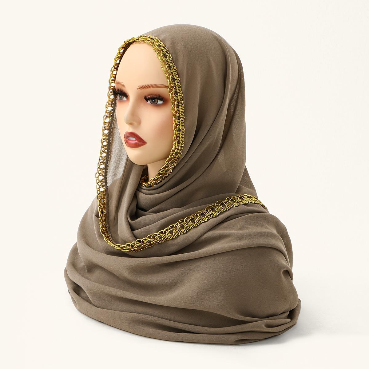 

New Design Golden Wave Chiffon Long Scarf Premium Embroidery Shawl Muslim Hijab Plain Headscarf Bandanas Turbante Mujer 180*70Cm