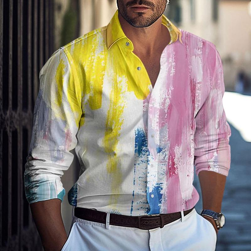 Camicia Casual a Maniche Lunghe da Uomo Primavera Autunno con Stampa Semplice e Versatile di Tendenza Camicie da Uomo a Vestibilità Ampia