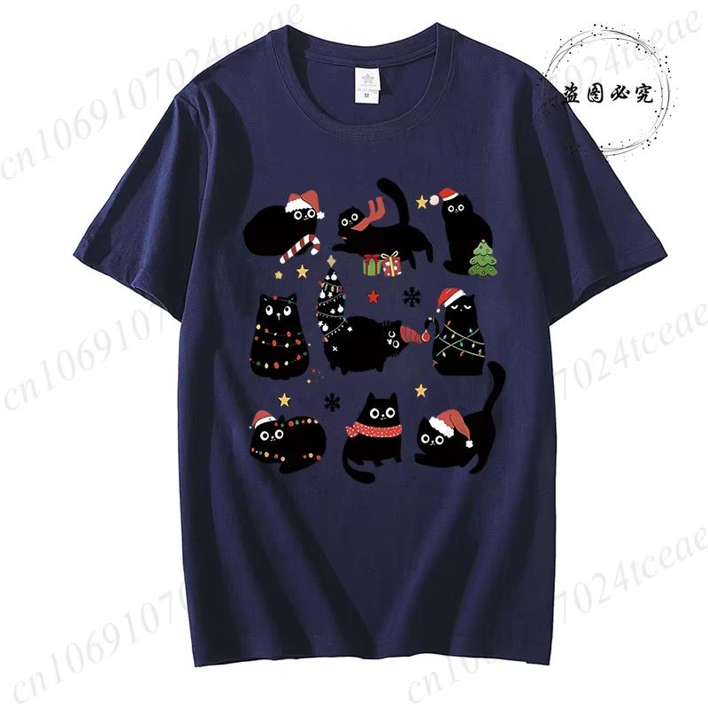 Black Cat Christmas Tops Fun Cat Costumes With Santa Claus Hats Patterned TShirts Christmas Party Outfits