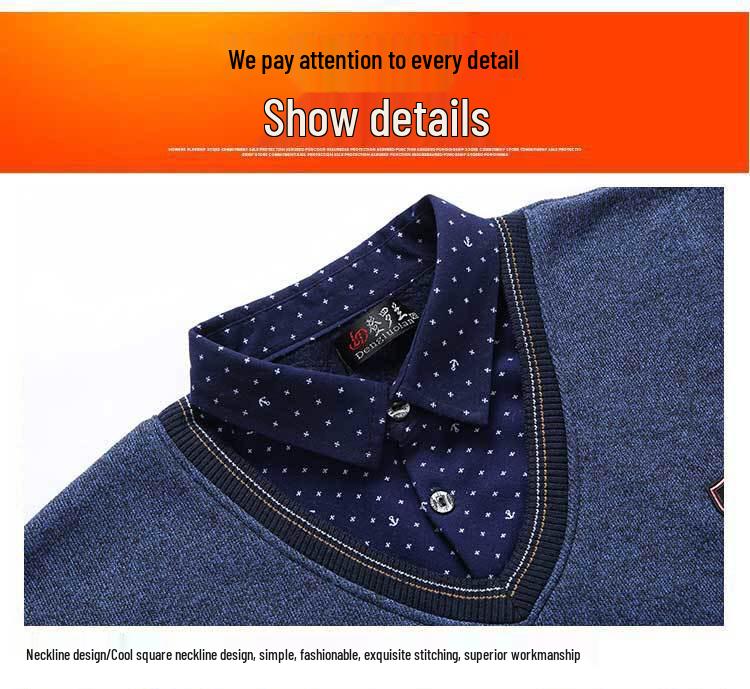 Men's Autumn/Winter Knit Sweater with Fake Two-Piece Shirt Collar - Plus Velvet, Middle-Aged & Young Styles.
