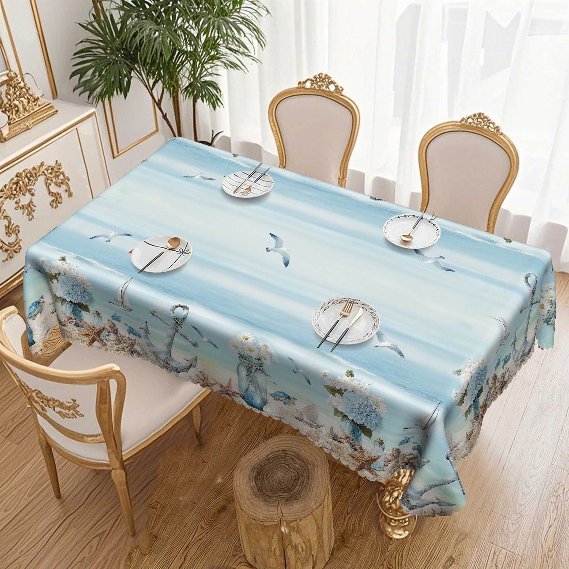 Ocean Print Tablecloth, Light Blue Turtle Sailing Shell Dining Table Tablecloth, Waterproof Round Dining Table Cloth Round tablecloth-152x152cm