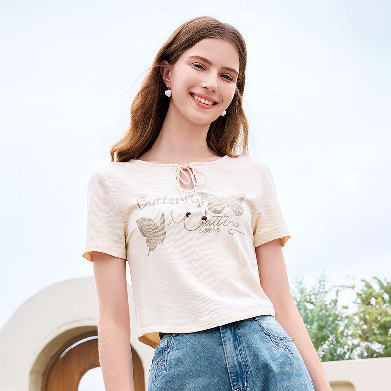 

Women s Petite Chic Butterfly Print Round Neck Slim Fit Short Sleeve Summer 2025 Top S [Premium Version] абрикосовый