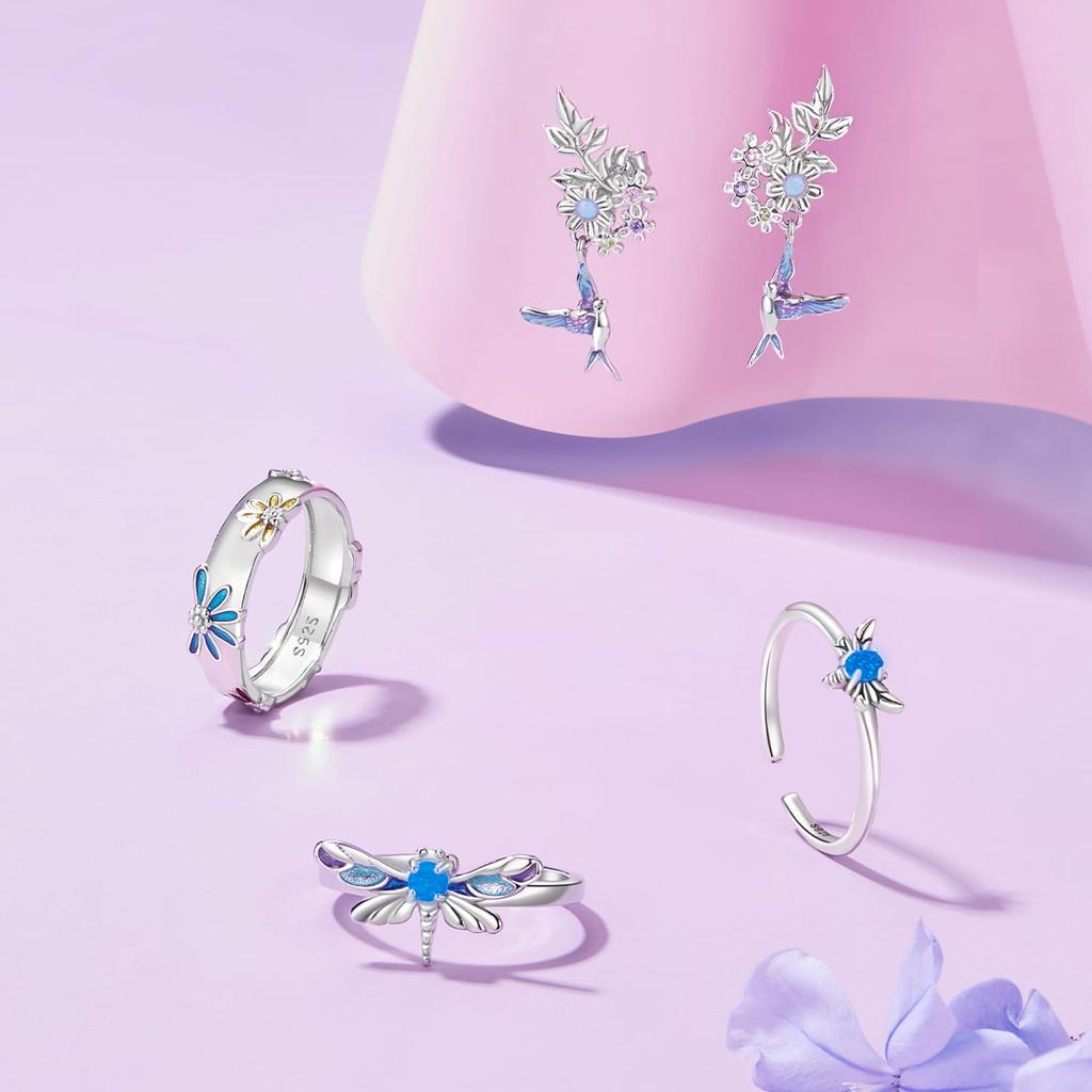 Silver Hummingbird Earrings with Flowers, 925 Silver Studs