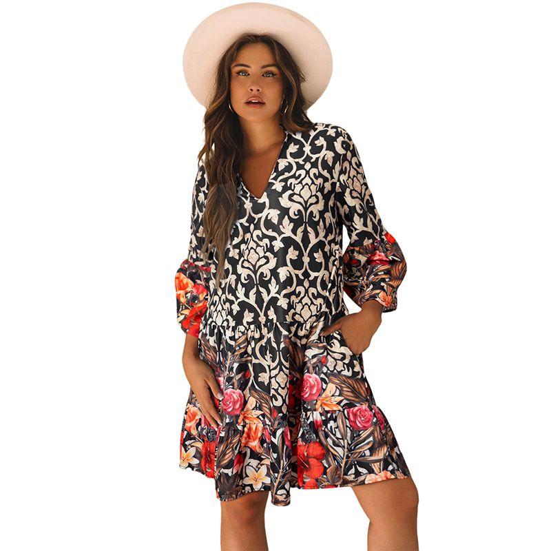 

American Shiying Retro Florals Print Dress Women s 2025 Spring/Summer New Arrival Loose High Waist Pocket Skirt Black Size XL fit (70.00 kg-75.00 kg