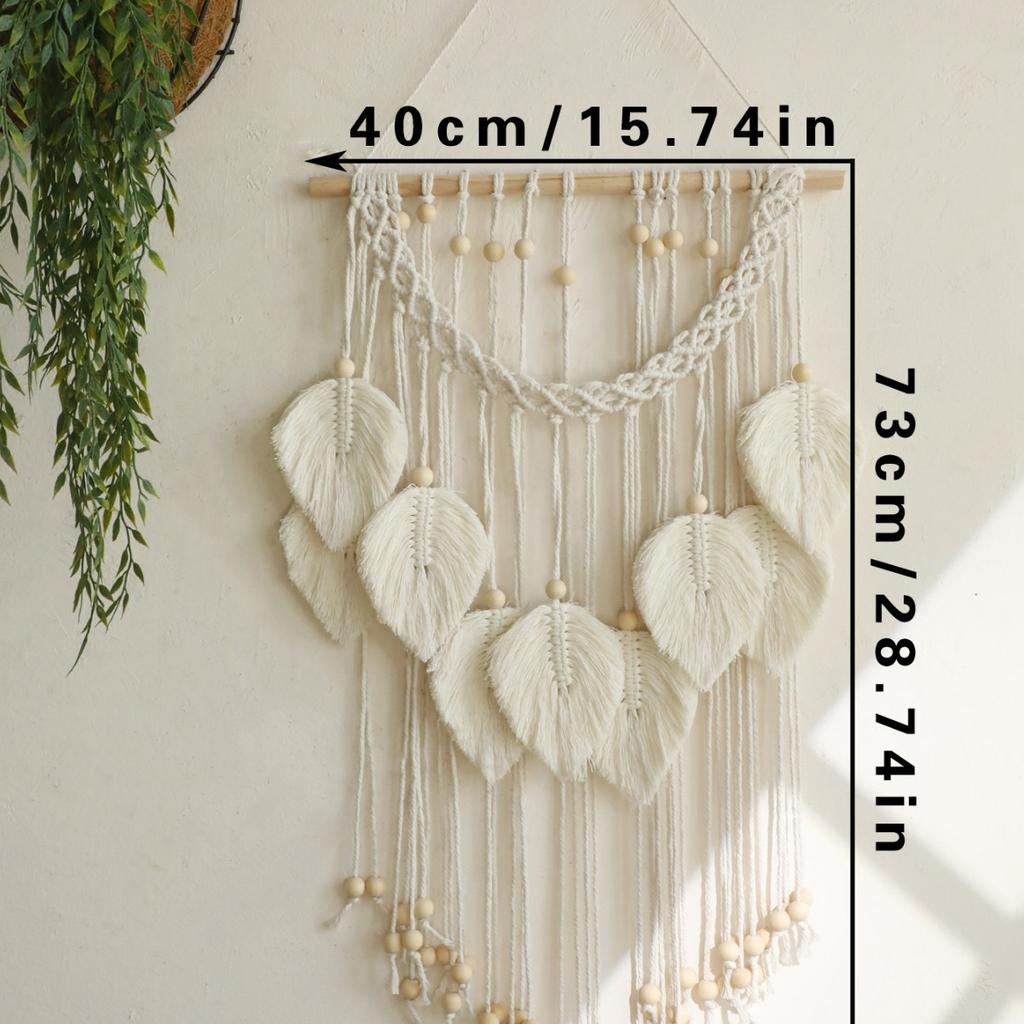 Handmade Cotton Thread Woven Wood Beads Leaf Tapestry Simple Home Bedroom B&B Wall Decoration