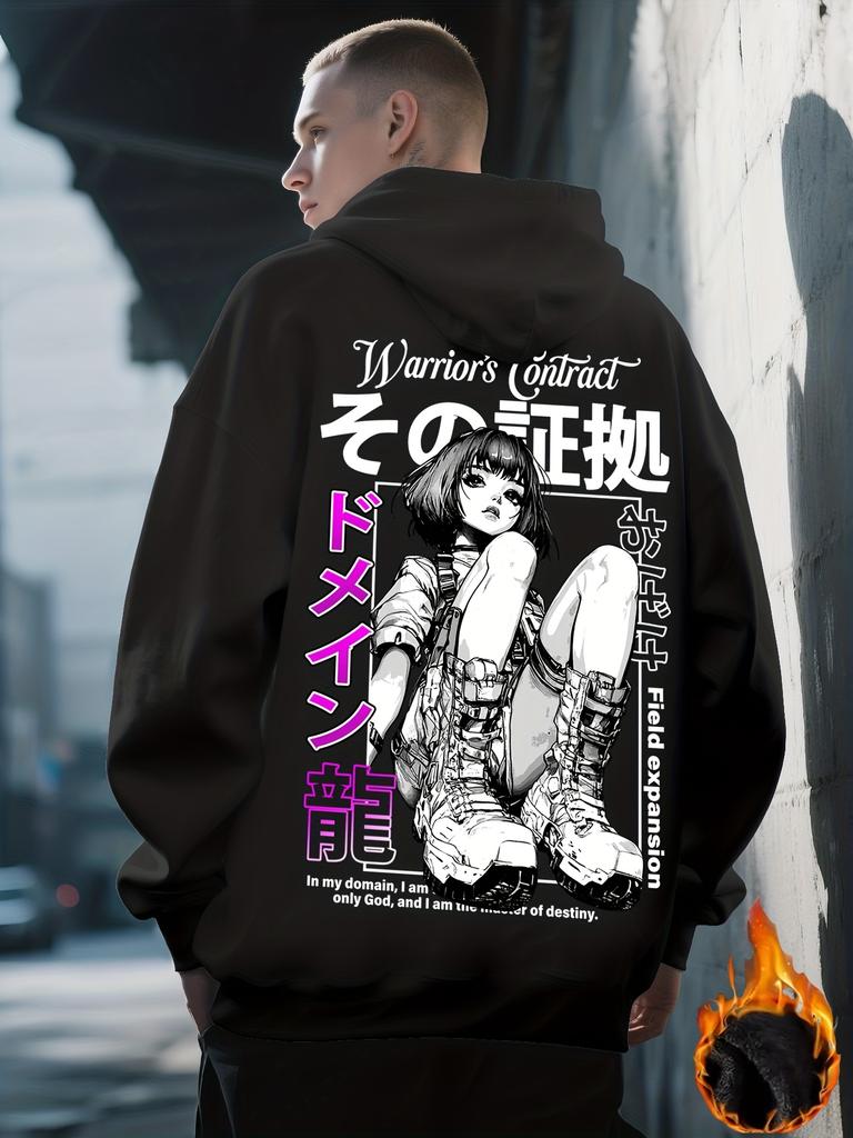 Men's Fall/winter Casual Sports Street Anime Manga Female Character Pattern Printed Outdoor Warm Hooded Sweatshirt