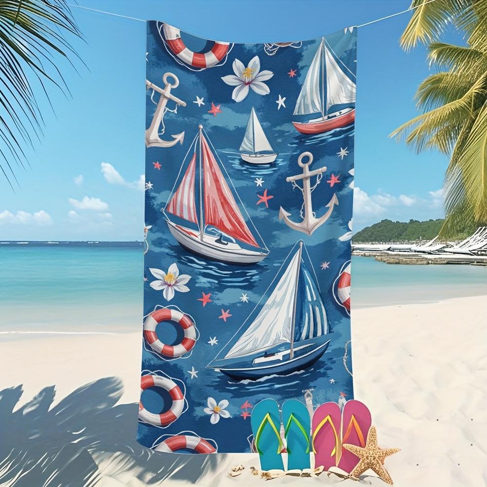 Ka Chen Muxi White Sailboat Design Microfiber Towel Lightweight Quick-Drying Ultra-Soft Highly Absorbent Stylish Nautical Pattern With Sailing Boat