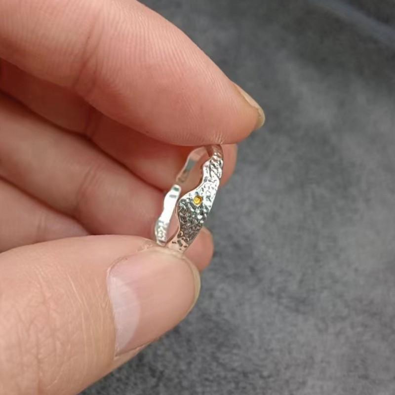 Handcrafted Hammered Texture Mountain River Couple Ring Sterling Adjustable Unisex Band