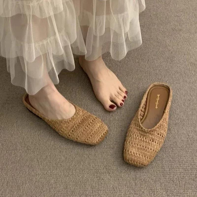 

Fashion Women Slippers Flats Knitting Casual Mules Shoes Fashion Woman Sandals Summer 2025 Cozy Flip Flops New Designer Ladies Shoes 40 коричневый