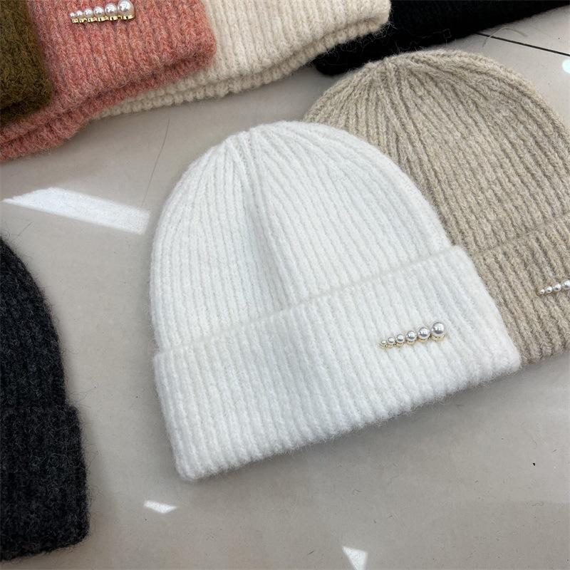 Fashion Pearl Decorative Wool Blended Wool Hat Women's Autumn and Winter Warm Simple Vertical Striped Knitted Cold Hat