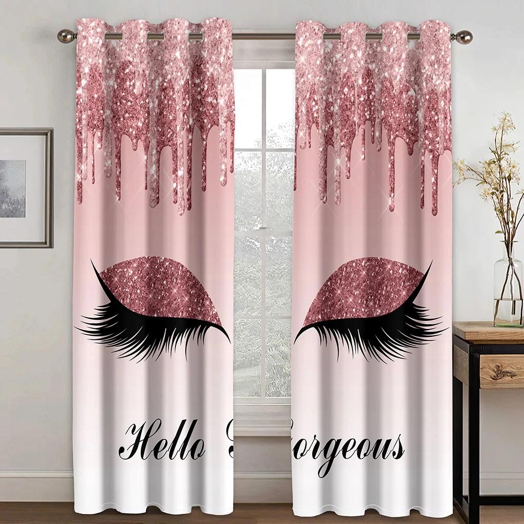 Pink Blue Yellow Eyelash Eyes Thin Shading Curtain for Living Room 2Pieces Kids Bedroom Children WindowsBathroom Decor Hooks