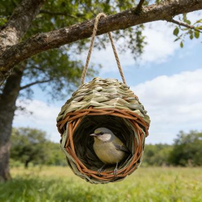 Handwoven Hanging Bird House Natural Reed Bird Hut Hanging Bird Nest House for Parrots Cockatiels Garden Yard Patio Terrace Indoor Decor