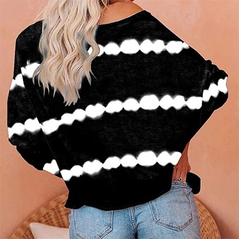 High Quality Women's Simple and Generous Tie-dye Striped Print Top Ladies Loose Long-sleeved Round Neck T-shirt