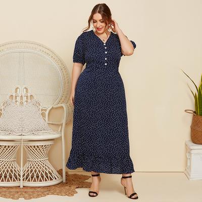 Plus Size Damskie letnie sukienki w kropki z krótkim rękawem i długimi modnymi sukienkami z krótkim rękawem