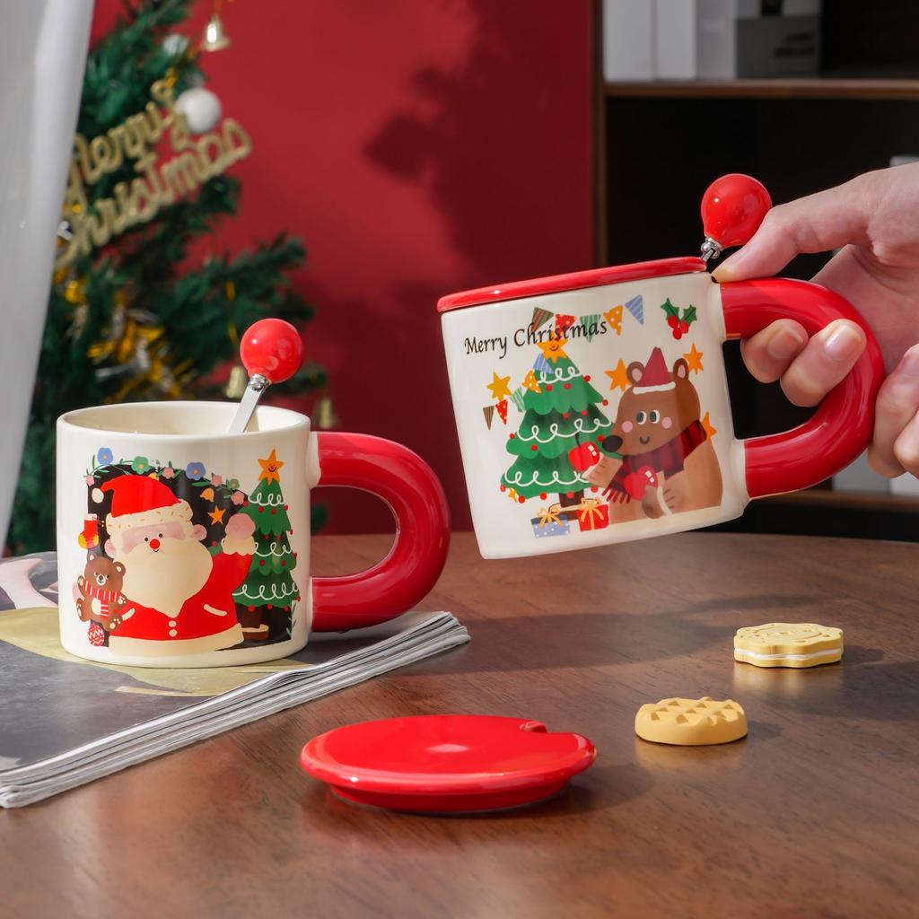 Christmas Gift Mug with Lid Spoon Santa Cup Christmas Eve with Small Gifts for Employees and Customers