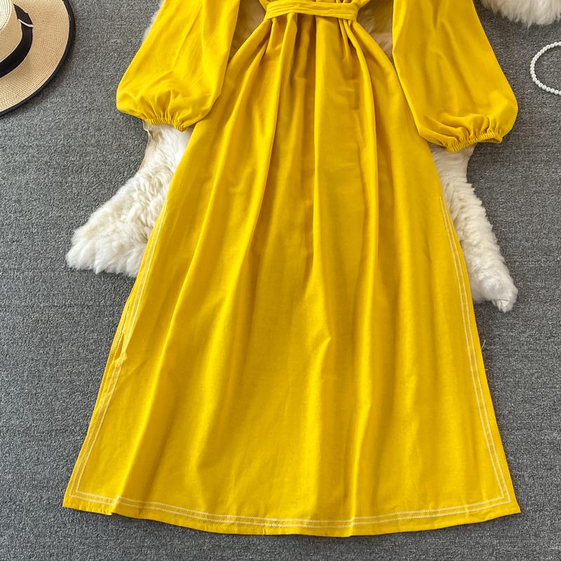 RUGOD Abito lungo da viaggio in stile etnico con ricamo girocollo con maniche a lanterna, abito stile bohémien retrò ampio scampanato femminile