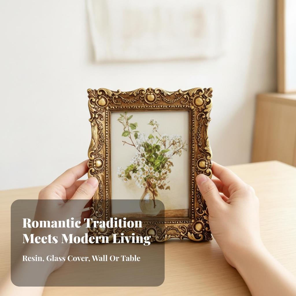 Ornate Picture Frame Tabletop with Glass Gold for Bedroom
