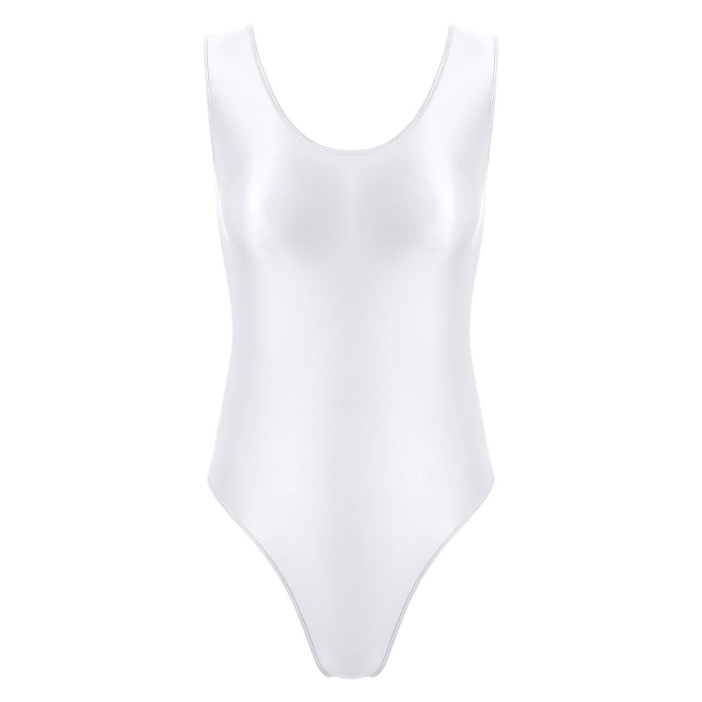 Womens Backless Glossy Bodysuit High Cut Swimwear Sleeveless Leotard for Pool Yoga Sports
